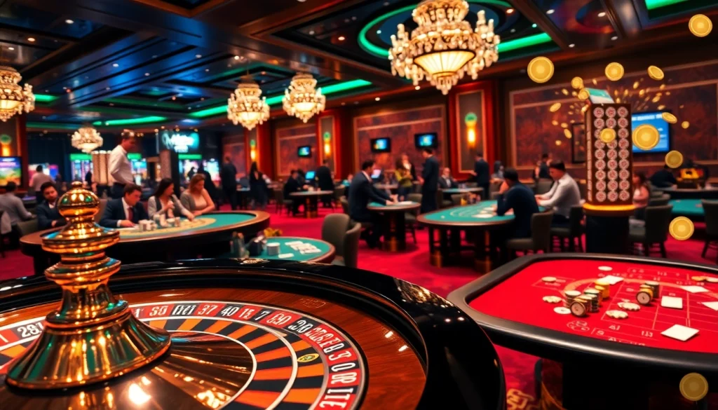 79KING casino scene showcasing players engaging with a vibrant roulette wheel and poker tables, capturing the excitement of gambling.
