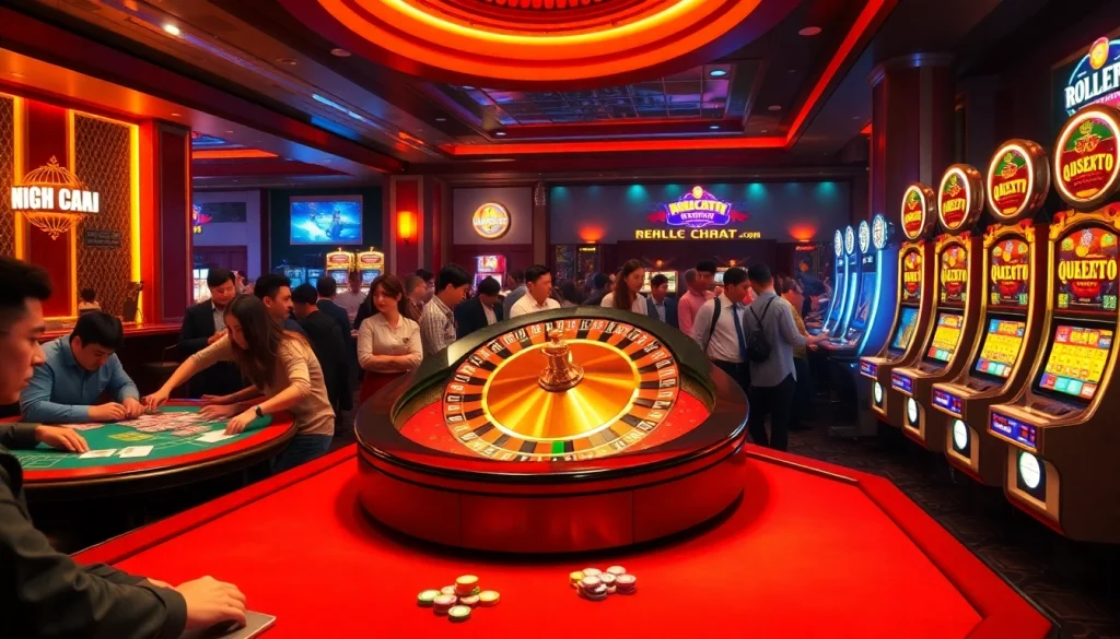 Experience Kèo Nhà Cái 5 excitement at a lively casino filled with vibrant tables and slot machines.