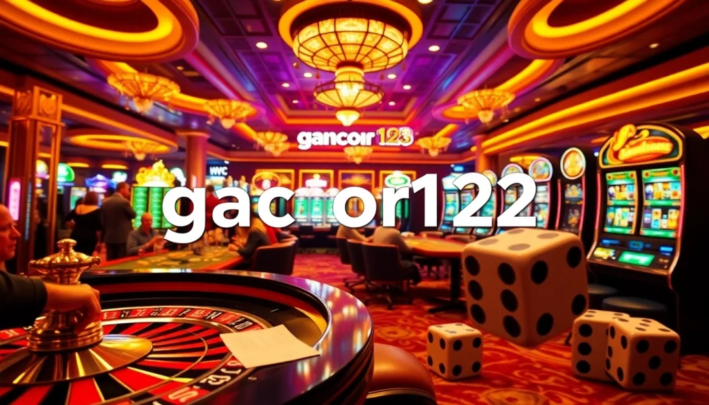Experience gacor123 excitement at a dynamic casino floor featuring roulette tables and vibrant slot machines.